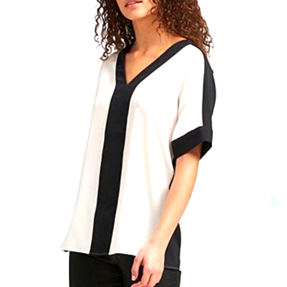 Women's Black and White V-Neck Top
